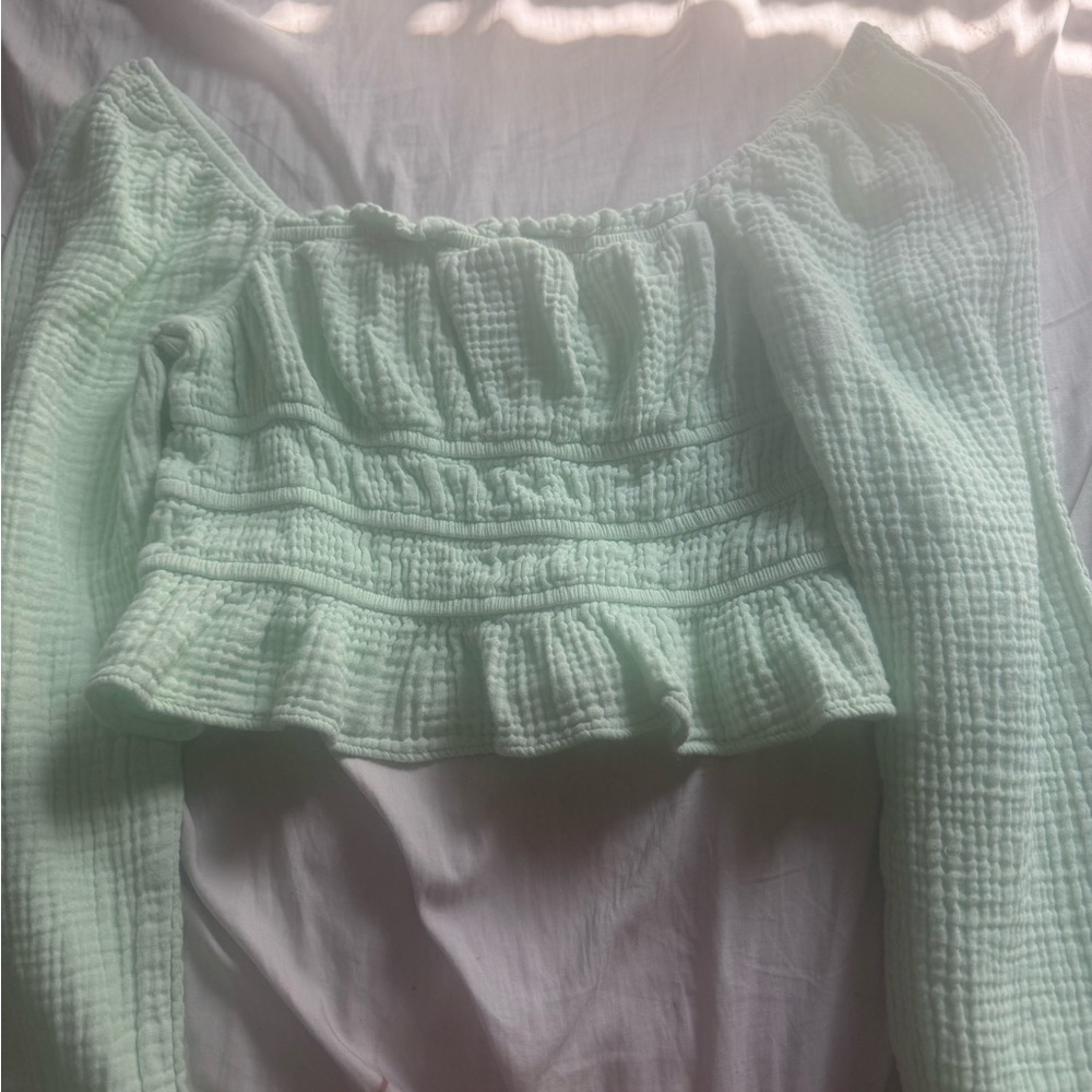 Wild Fable Light Green Textured Off-Shoulder Blouse